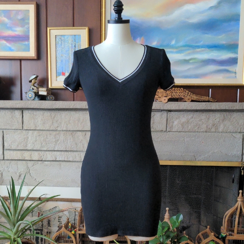 Black V-Neck Ribbed Mini Dress, Small Medium, LBD Skinbyrd Rude Girl